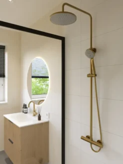 Atlantic regendoucheset Asher met handdouche 3 standen en thermostaatkraan goud - - hartafstand kraan 15 cm