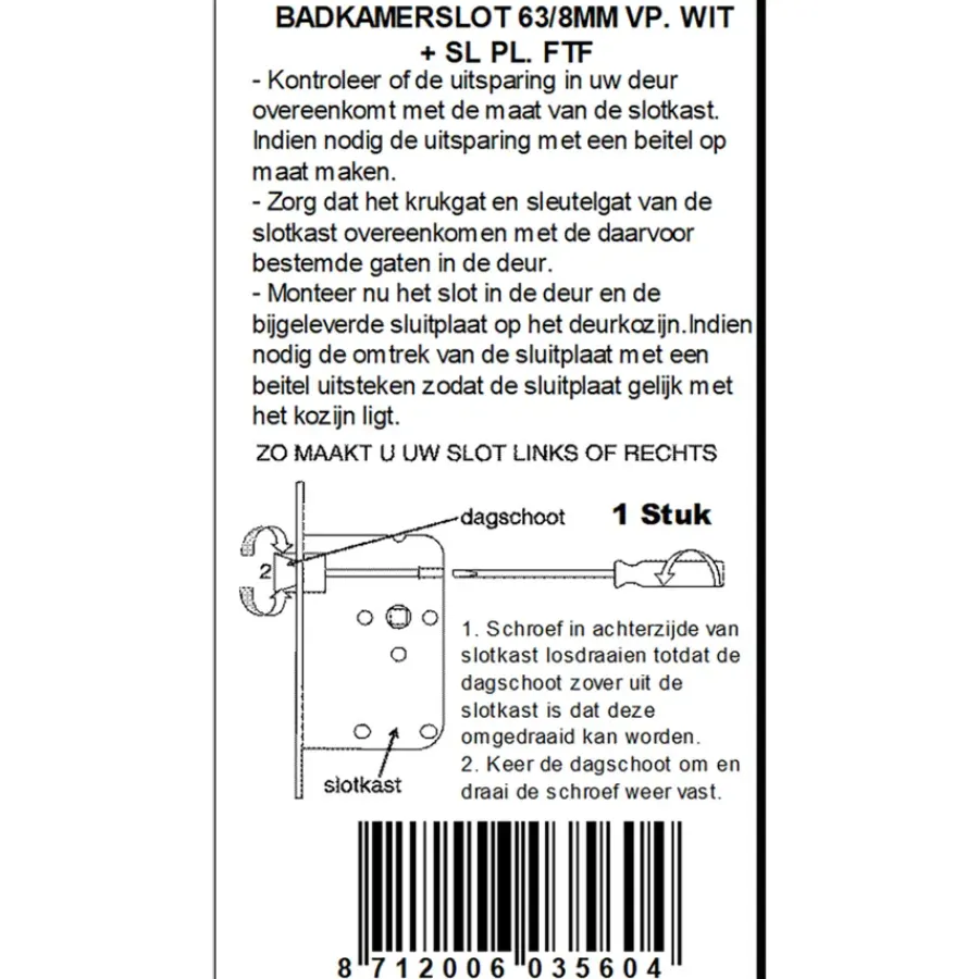 ATZ Insteekslot badkamerslot/wc-slot met witte voorplaat Doorn 50mm Outlet
