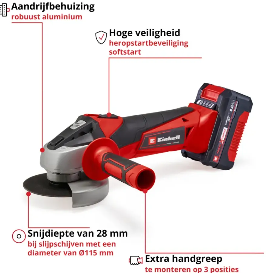 EINHELL 18V slijptol / haakse slijper 115mm TC-AG 18/115 LI incl 4.0Ah accu en lader Sale