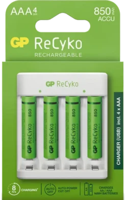 GP Batterijlader 411 + 4x oplaadbare batterijen AAA 850mAh ReCyko + Micro USB-lader New