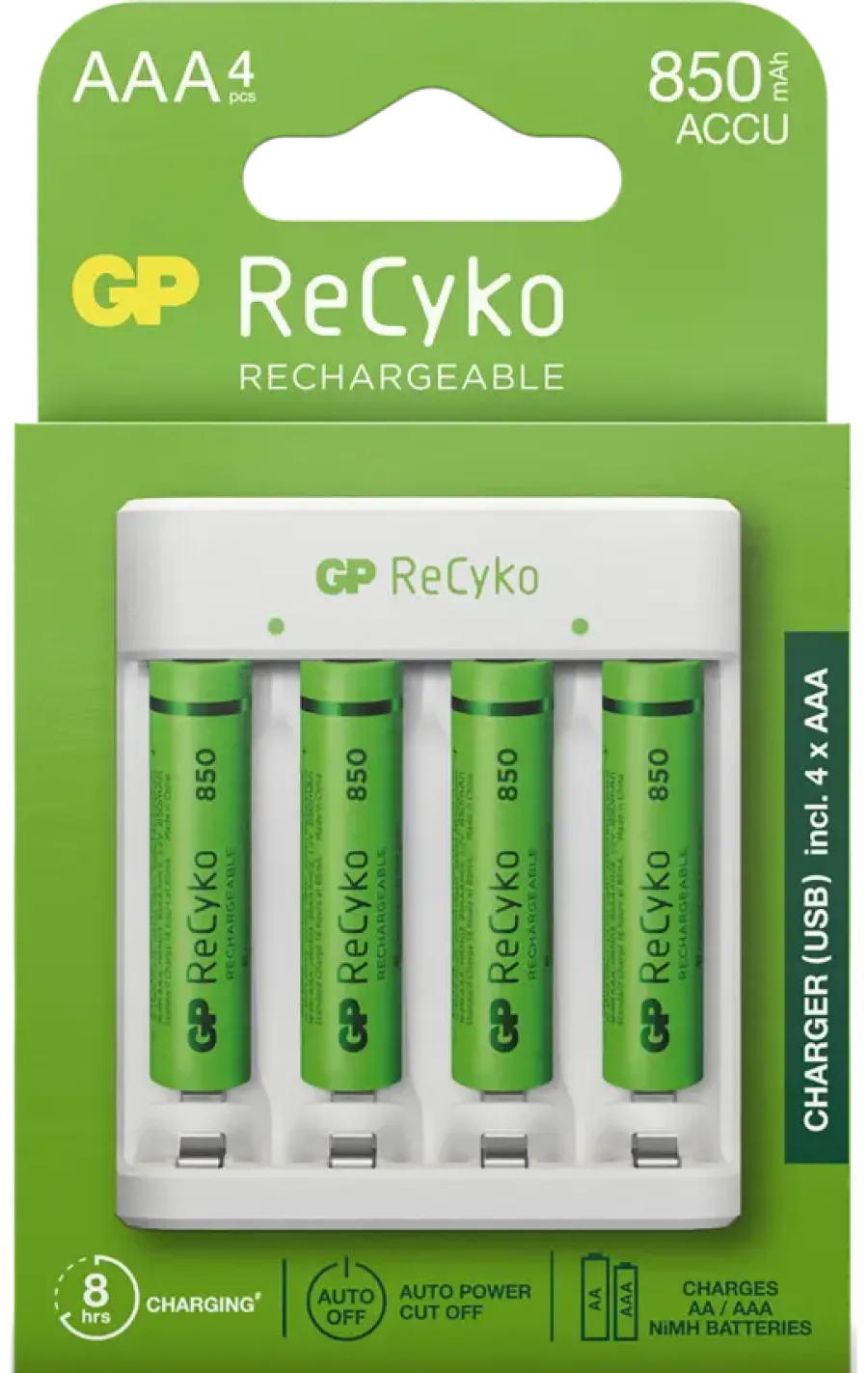 GP Batterijlader 411 + 4x oplaadbare batterijen AAA 850mAh ReCyko + Micro USB-lader New