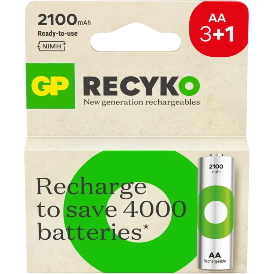 GP Batterij Oplaadbaar AA NiMH 2100 mAh ReCyko 1,2V 4 stuks (3+1) New