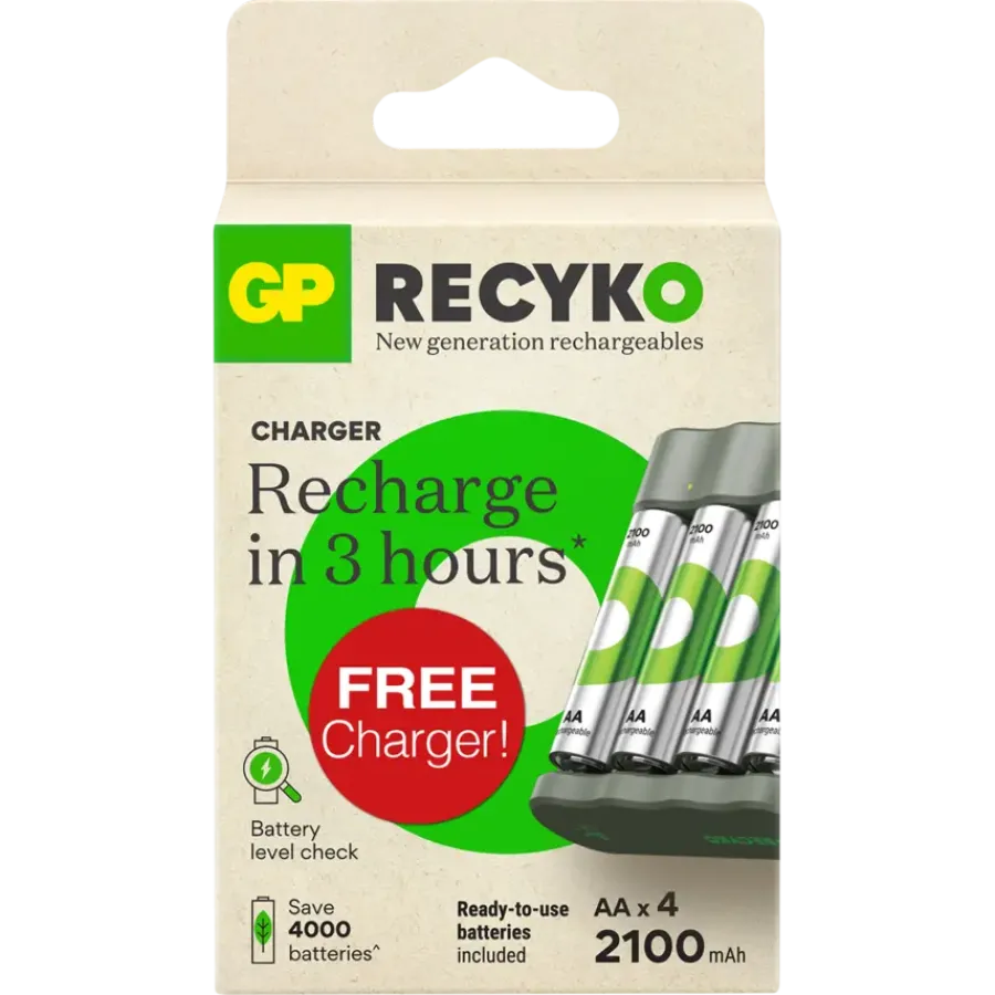 GP ReCyko oplaadbare batterijen AA 2100 mAh 4 stuks + gratis lader New