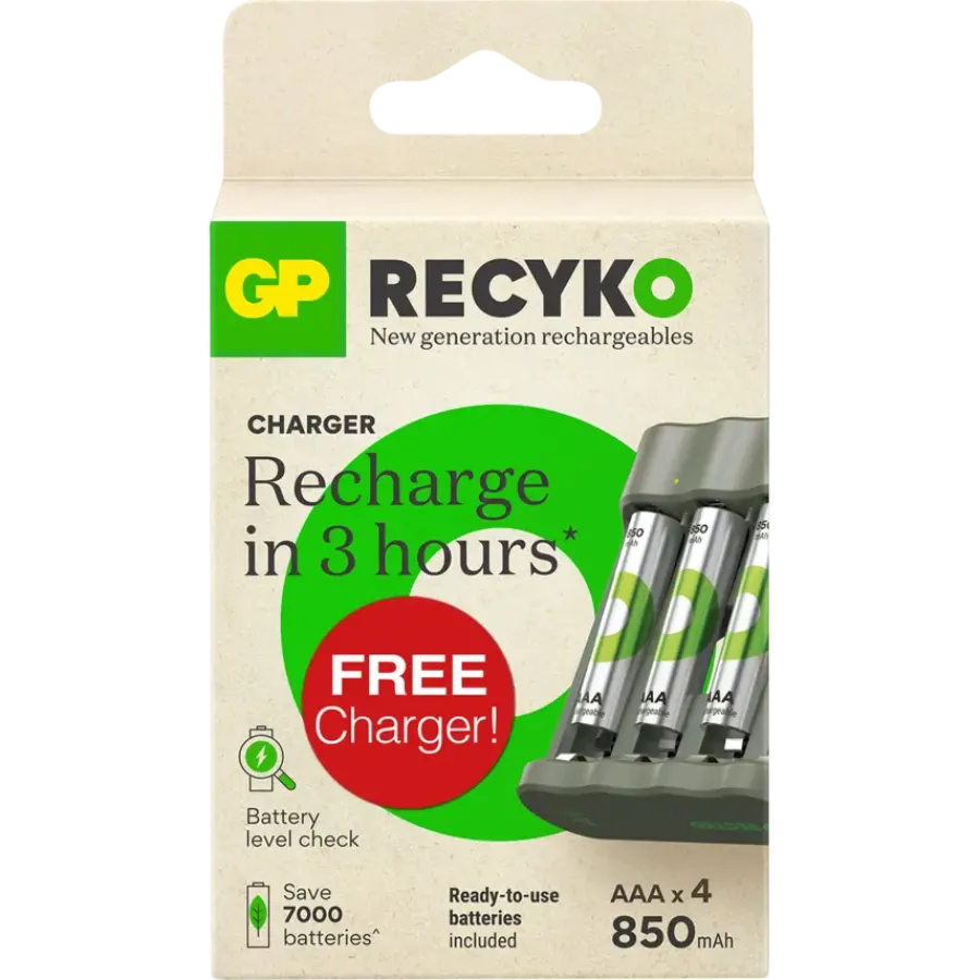 GP ReCyko oplaadbare batterijen AAA 850 mAh 4 stuks + gratis lader Hot