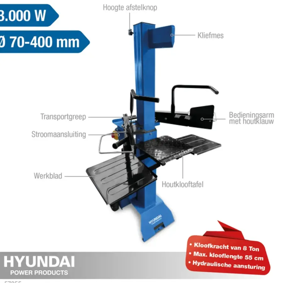 Hyundai houtklover staand 8 ton 3000W New