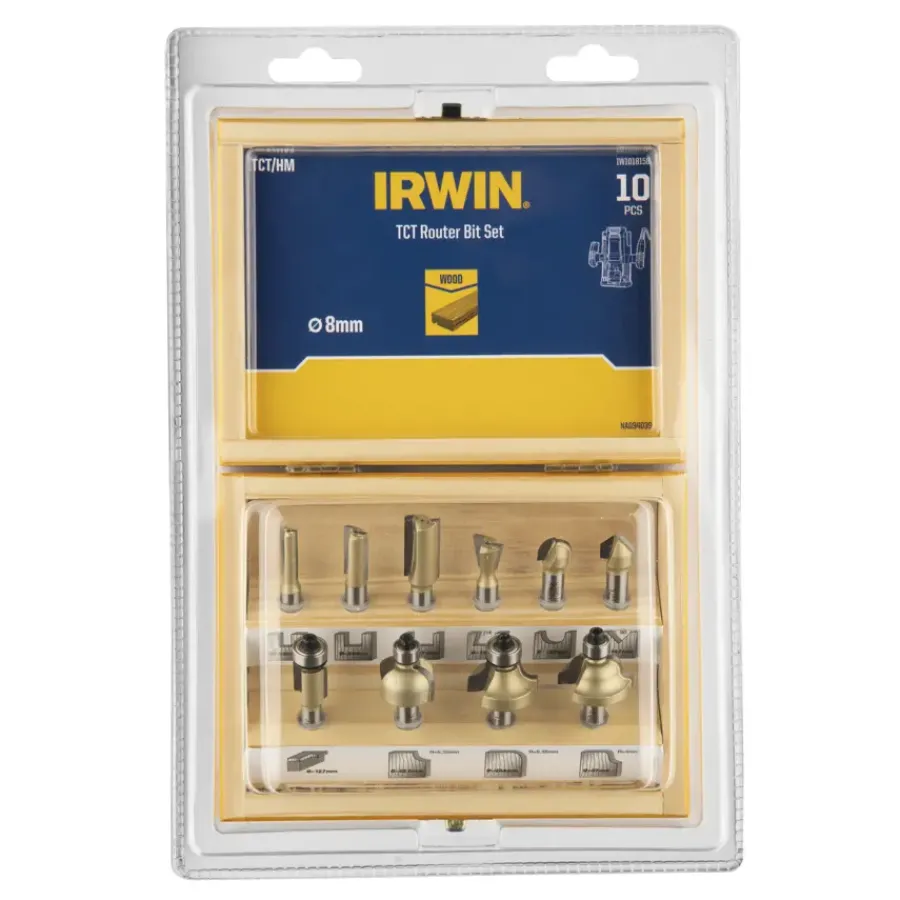 IRWIN bovenfrezenset in houten kistje - 10-delig - 8 mm stift aansluiting Online