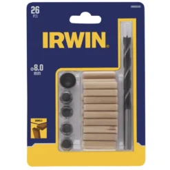 Irwin deuvelset Ø8 mm bestaande uit 20 houten deuvels, 1 houtspiraalboor met dieptestop en centreerpunten.