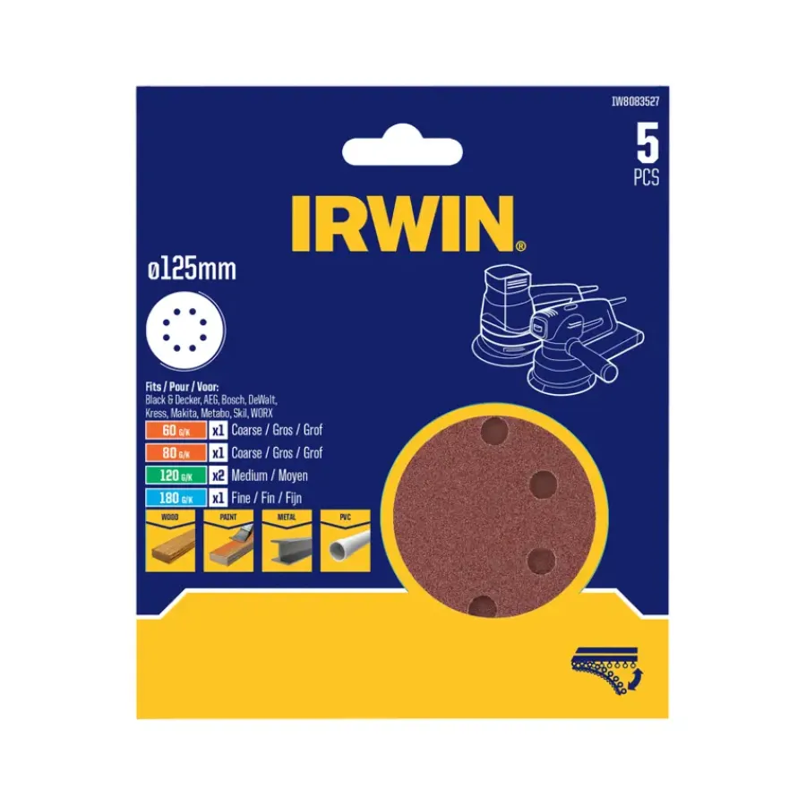 IRWIN schuurschijf rond Ø125 mm zelfhechtend K60/K80/K120/K180 5 stuks Outlet