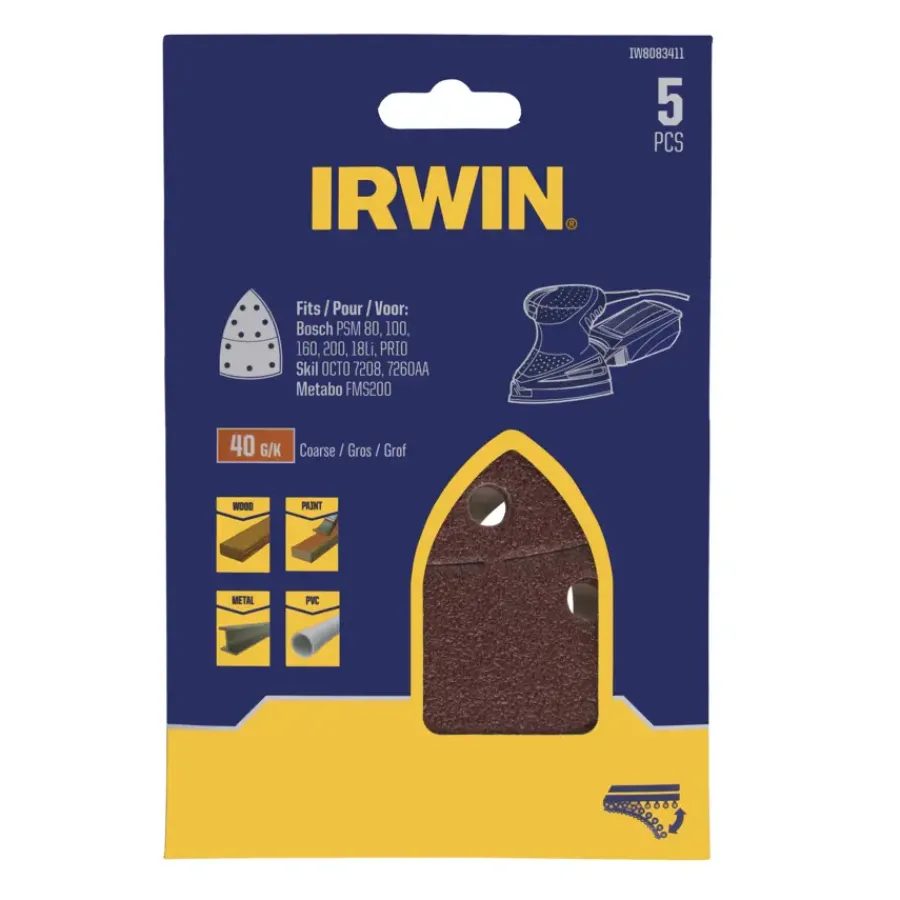 IRWIN schuurvel voor multischuurmachines Bosch PSM, Skil, Lux, Metabo, zelfklevend K40, 5 stuks Clearance