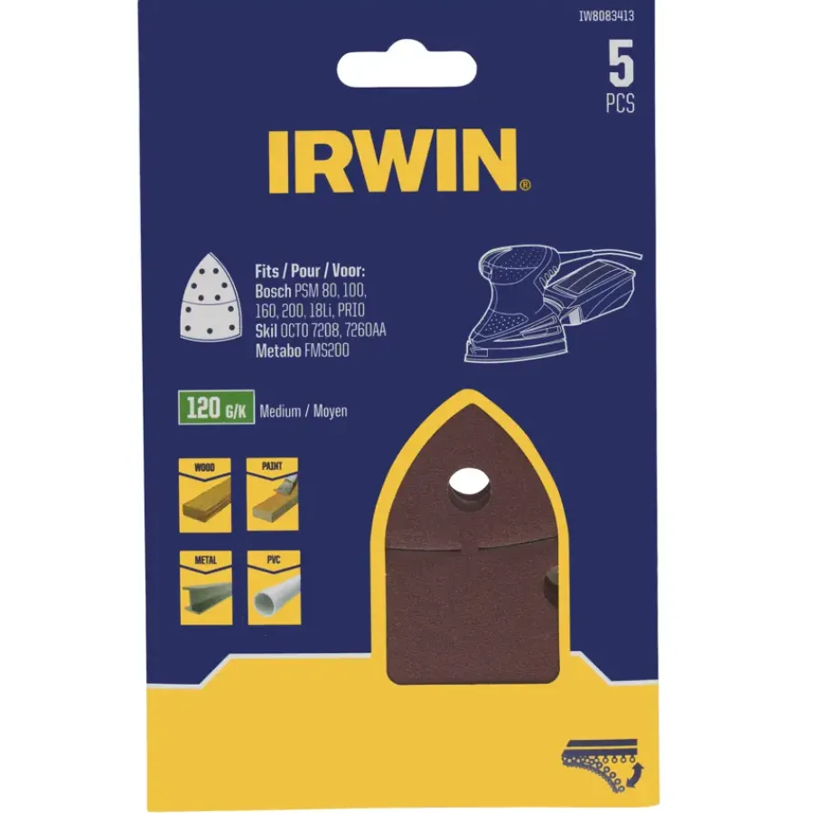 IRWIN schuurvel voor multischuurmachines Bosch PSM, Skil, Lux, Metabo, zelfklevend K120, 5 stuks Best
