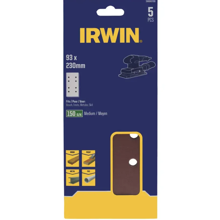 IRWIN schuurvel 230 x 93 mm K150 voor klembevestiging, met perforatie voor Bosch, Skil, Gamma, Makita, Metabo, 5 stuks. Online