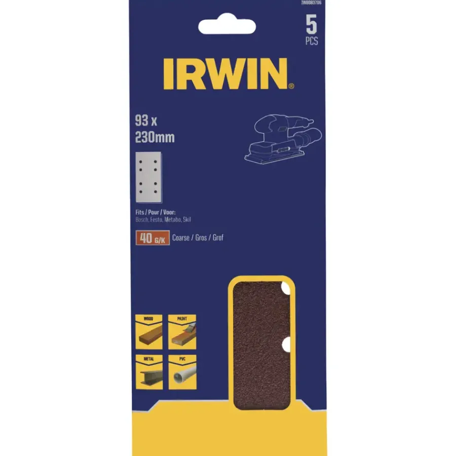 IRWIN schuurvel 230 x 93 mm K40 voor klembevestiging, met perforatie voor Bosch, Skil, Gamma, Makita, Metabo, 5 stuks. Discount