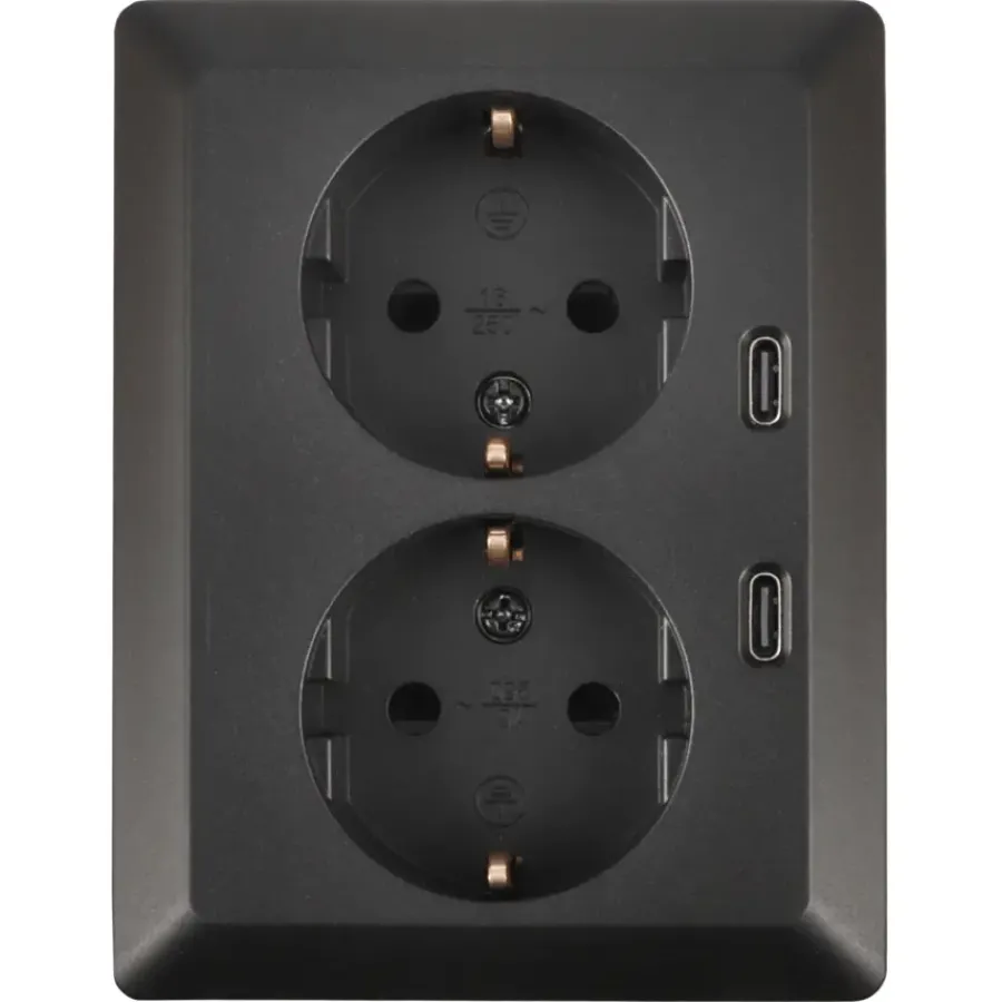 KARWEI Zenith Dubbel Stopcontact Geaard met Twee USB-C Poorten Mat Zwart New
