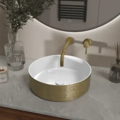 Marho Arden waskom rond glans wit/geborsteld goud 36 x 36 x 12 cm