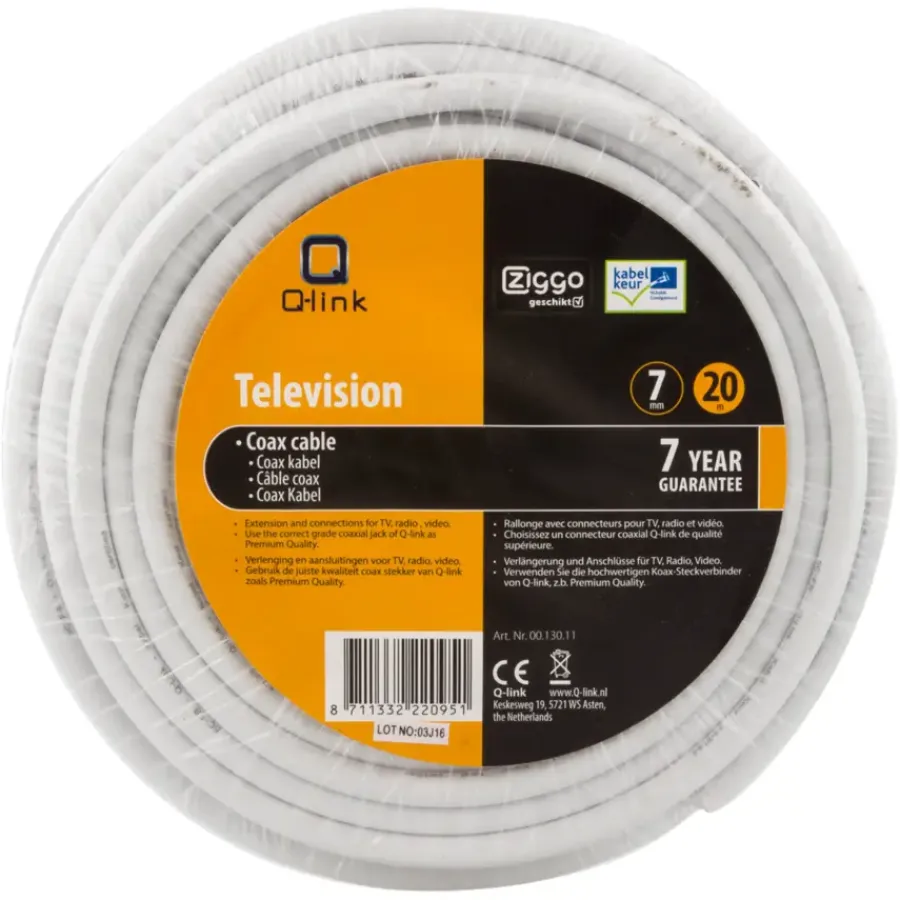 Q-link coax kabel 20 meter wit kabelkeur Outlet