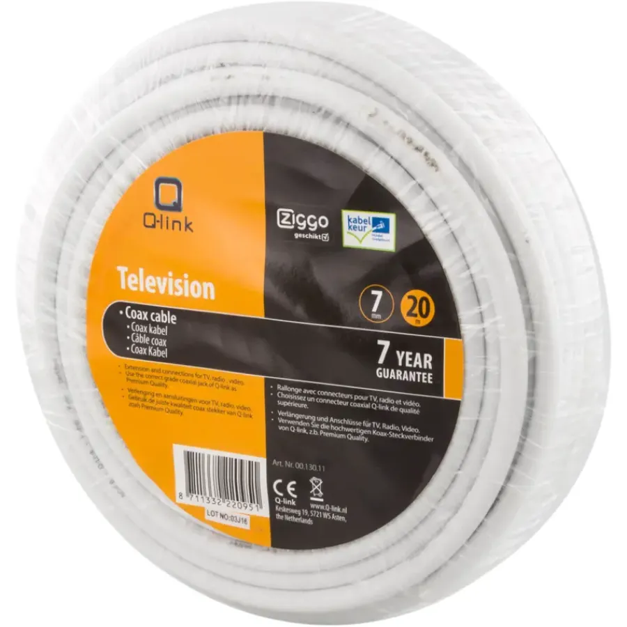 Q-link coax kabel 20 meter wit kabelkeur Outlet