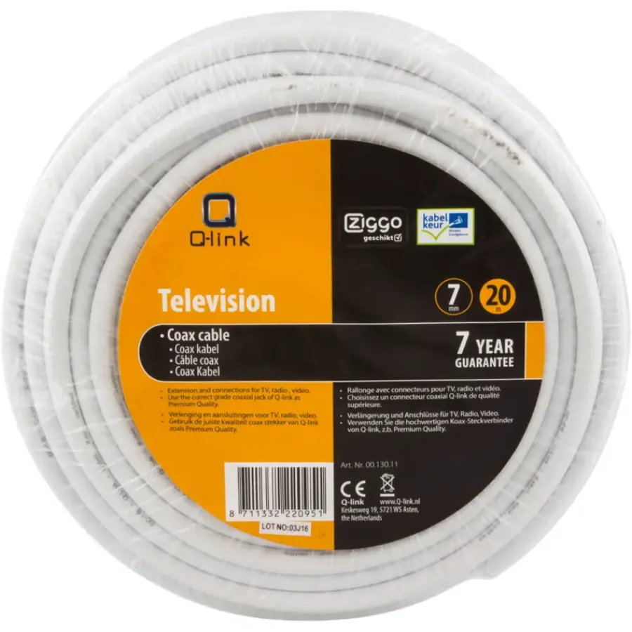 Q-link coax kabel 20 meter wit kabelkeur Outlet