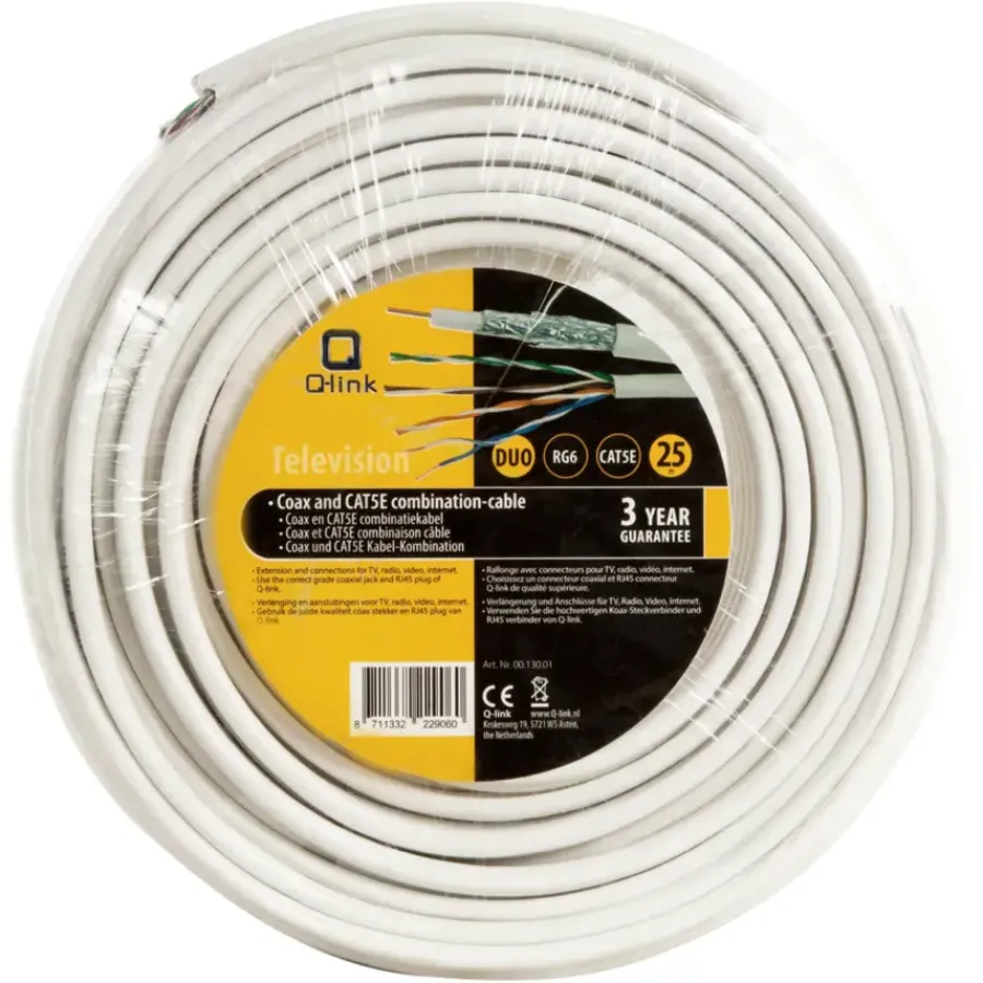 Q-link coax/utp kabel RG6 25 meter wit Clearance