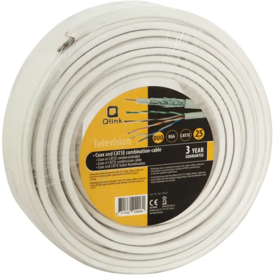 Q-link coax/utp kabel RG6 25 meter wit Clearance