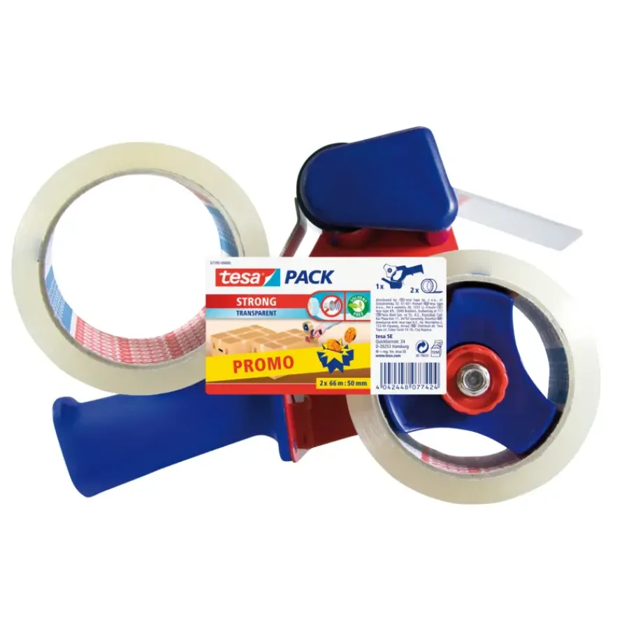 Tesa verpakkingstape 2 rollen met afroller 50 mm x 66 m